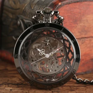 Transparent Open Face Skeleton Mechanical Pocket Watch with Roman Numerals Luxury Hand Winding Black Locket Watch with Chain