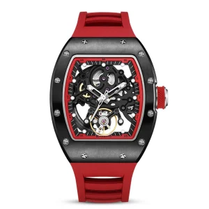 Trending Hollow Out Automatic Watch Men Luxury Red Silicon Strap Mechanical Waterproof Sports Watch