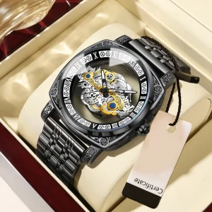 Trendy Casual Men’s Quartz Watch Vintage Carved Skeleton Dial Stainless Steel Band Waterproof Luminous Luxury Business Watch
