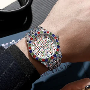 Trendy Hip-Hop Men’s Watch with Colorful Diamond Inlay, Starry Sky Design, Calendar Quartz Watch
