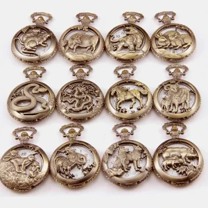 Twelve Chinese Zodiac Pocket Watch, Hollow Out Factory Direct Sale! Each One Has a Chain