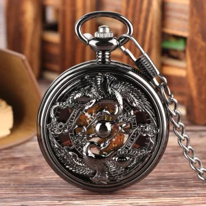 Twin Cranes Black Skeleton Pocket Watch Mechanical with Chain Roman Numerals Hollow Manual Winding Watch for Men Gift