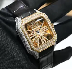 Two Tone Gold Rose Silver Moissanite Watch Quartz VVS Iced Out Leather Strap Watch Reloj Elegante Para Caballero