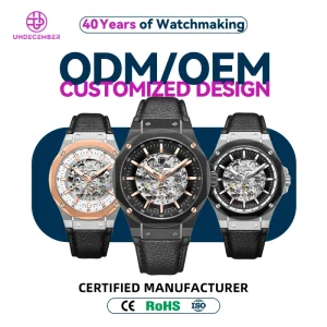 Undecember Skeleton Leather Strap Automatic Watch ODM OEM Flat Sapphire 5 ATM Waterproof Men’s Mechanical Watch