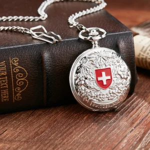 Unique Fashion Switzerland Red Cross Mechanical Pocket Watch With Fob Chain Silver Edelweiss Sculpture Hollow Skeleton Clock Men