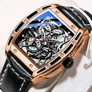 Unique Rose Gold Men’s Watch Leather Waterproof Sport Quartz Watches Fashion Trends Men Square Luxury Wristwatches