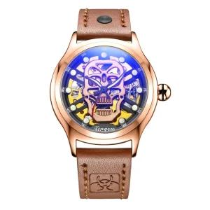 Unique Rose Gold Skull Watch for Men Automatic Mechanical Skeleton Watch Leather Wrist Fashion Watches