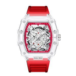 Unique Skeleton Quartz Watch 44mm Transparent Case Durable Mineral Mirror Wristwatch for Streetwear