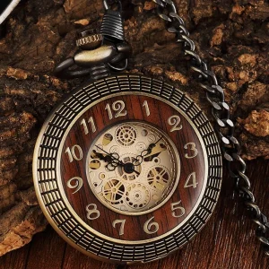 Unique Wood CircleGear Dial Bronze Antique Mechanical Pocket Watch Men Vintage Engraved Fob Hand Wind Steampunk Watch Women
