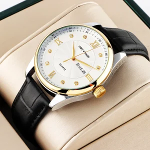 Unisex Calendar Stainless Steel Japan Movt Quartz Analog Watch Leather Bracelet Waterproof