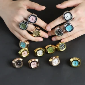 Unisex Creative Vintage Punk Square Quartz Watches 18K Gold Plated Stainless Steel Rings