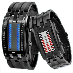 Unisex Future Technology Binary Black Stainless Steel Couple Watch Date Digital LED Bracelet Sport