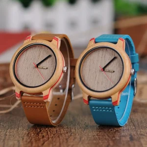 Unisex Leather Band Wrist Watch Bamboo Gift Display Box Men/Women’s Custom Engraved Quartz Fashion Accessory