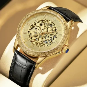 Unisex Luxury Business Mechanical Watch Stainless Steel 3BAR Water Resistant Genuine Leather Strap Pointer Transparent