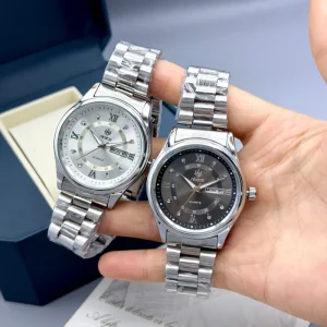 Unisex Luxury Fashion Watch Stainless Steel Band Rhinestone Dial Dual Calendar Zinc Alloy Case Quartz Movement Water Resistant