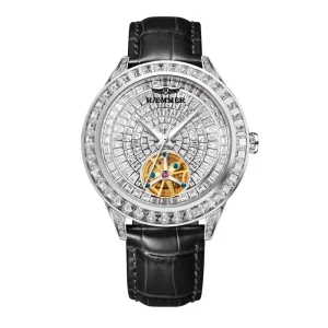 Unisex Luxury Waterproof Diamond Analog Watch Luminous Design Fashion Sport Mechanical Automatic Steel Case Leather Band Men