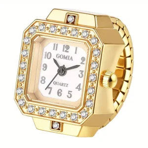Unisex Ring Watch Stainless Steel Elastic Stretch Band Quartz Square Crystal Rhinestone Case Three-eye Trendy Wedding Gift Party