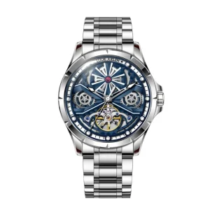 Unisex Tonneau Sport Watch Blue Dial Stainless Steel Leather Strap Luminous