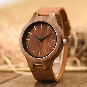 Unisex Wood Wristwatch Handmade Genuine Cow Leather Strap Wooden Watch