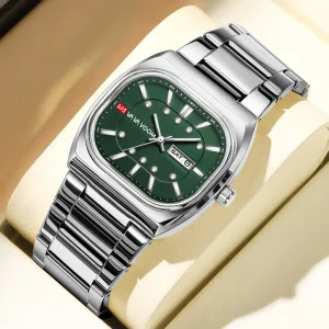 VA VA VOOM Trend Fashion Stainless Steel Band Double Calendar Dial Men Square Watches High Quality Luminous Waterproof Man Watch