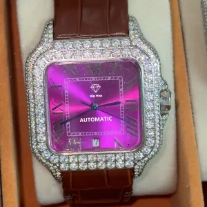 VVS Moissanite Diamond Watch Purple Dial Genuine Leather Band Iced Out Design Customizable Colors for Men
