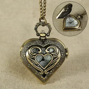 Vintage 30mm Alloy Heart Shape Design Quartz Pocket Watch Pendant with Necklace Chain Antique Gift for Men Women Children