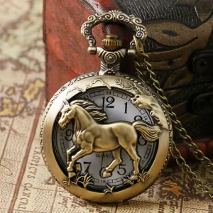 Vintage Alloy Round 47mm Hollow Horse Animal Design Quartz Pocket Watch Necklace Gift Fashion New Men Women Exquisite
