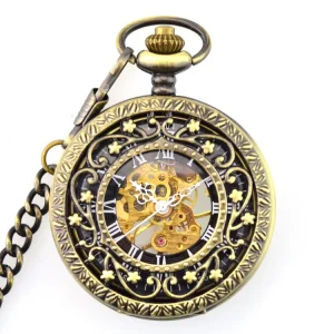 Vintage Antique Alloy Case Mechanical Pocket Watch Roman Numerals Graduated Chain