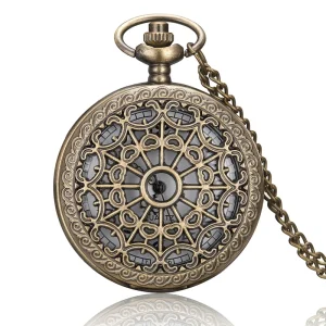 Vintage Antique Copper Quartz Pocket Watch with Chain Spider Web Engraved Design Nostalgic Commemorative Style