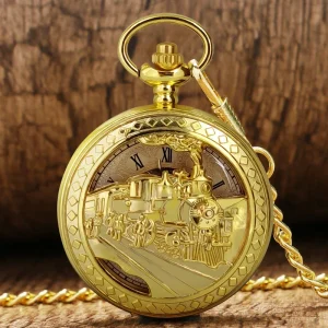Vintage Antique Cutout Train Dial Watch Necklace Steampunk Skeleton Mechanical Fob Pocket Watch Clock Pendant Hand winding Men’s