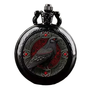Vintage Antique Intricate Raven Design Quartz Movement Black Alloy Strap Pocket Watch