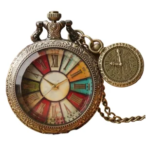 Vintage Antique Roman Numeral Pocket Watch for Men Brass Colorful Glass Transparent Flap Flip Necklace Quartz Chain Pendant Gift