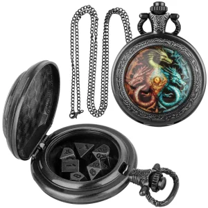 Vintage Black Metal Pocket Watch DND Dice Set 7pcs Portable Polyhedral Dice for Dungeons and Dragons Role Playing Games