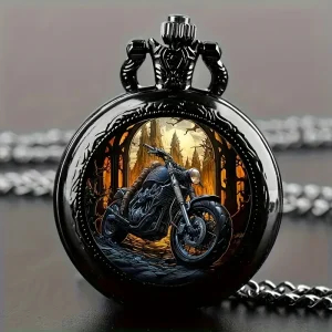 Vintage Black Motorcycle Quartz Pocket Watch Necklace Pendant Ideal Gift For Men Women and Kids