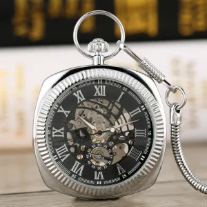 Vintage Black Skeleton Dial Antique Men Square Gold Plating Pocket Watch with Chain Mechanical