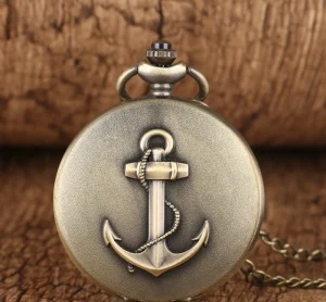 Vintage Bronze Anchor Pattern Roman Literal Quartz Pocket Watch