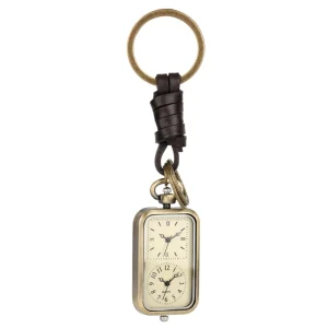 Vintage Bronze Quartz Pocket Watch for Men Square Keychain Watch with Dual Time Unique Gift for Him