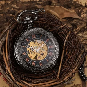 Vintage Bronze Skeleton Mechanical Pocket Watch Men Roman Dial Steampunk Hand Wind Pendant Clock Chain Watch Reloj De Bolsillo