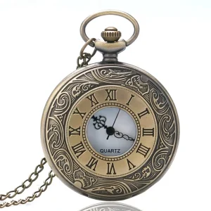 Vintage Charm Antique Alloy Unisex Roman Number Quartz Steampunk Pocket Watch Necklace Pendant Chain
