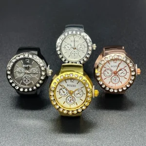 Vintage Chronograph Style Miniature Watch Rings Diamond Bezel Shiny Metal Elastic Band