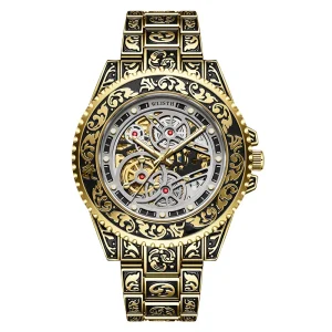 Vintage Craft Skeleton Automatic Mechanical Watch Hand Engraved Steel Bracelet Shock Resistant Wristwatch