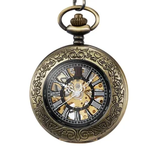 Vintage Flower Stainless Steel Big Glass Face Mechanical Pocket Watches