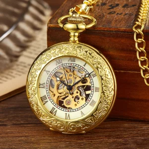 Vintage Gold Bronze Mechanical Pocket Watch Hand Winding Skeleton Roman Numerals Dial Fob Chain Clock for Men