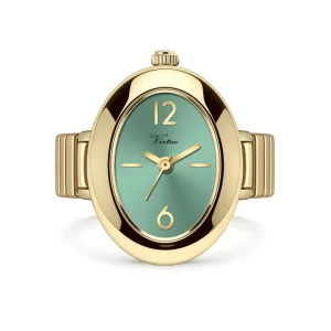 Vintage Gold Oval Women’s Quartz Green Sunburst Dial Minimal Numeral Water Resistant Fashion Ring Watch