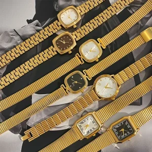Vintage Gold Quartz Watch for Women Elegant Stylish Ladies Bracelet Wristwatch Square Dial Waterproof Feature Glass Dial Pointer