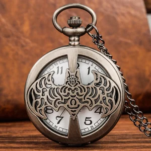 Vintage Gray Superhero Themed Bat Pocket Watch for Gift Retro Necklace Pendant Jewelry with Quartz Watch for Fans