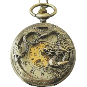 Vintage Half Dragon Stainless Steel Hollow Mechanical Pocket Watch