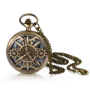 Vintage Half Hunter Bronze Quartz Pocket Watch for Men Large Arabic Markers Fob Watch with Chain Steampunk Punk Style