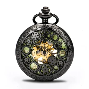 Vintage Hollow Design Roman Numerals Skeleton Dial Hand Wind Mechanical Pocket Watch with Chain for Men
