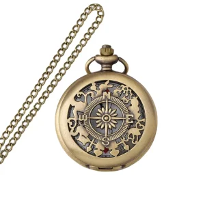 Vintage Hollow Quartz Pocket Watch Compass Antique Style Yellow Gold Case 3BAR Water Resistant Popular Commemorative